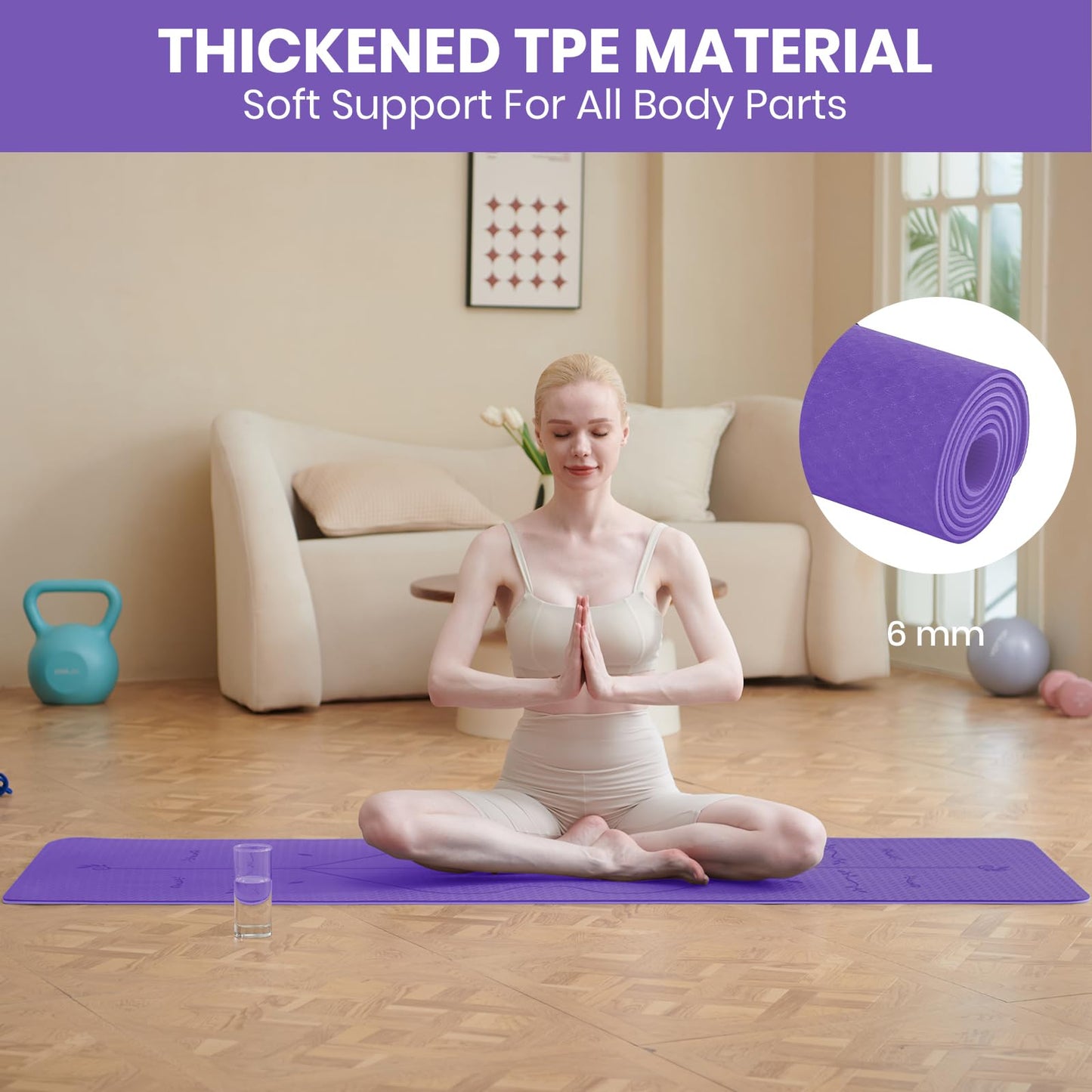 Good Nite Tappetino da yoga da 6 mm, in TPE, antiscivolo, per fitness, pilates, allenamento, yoga, pilates, allenamento, 183 x 61 x 0,6 cm