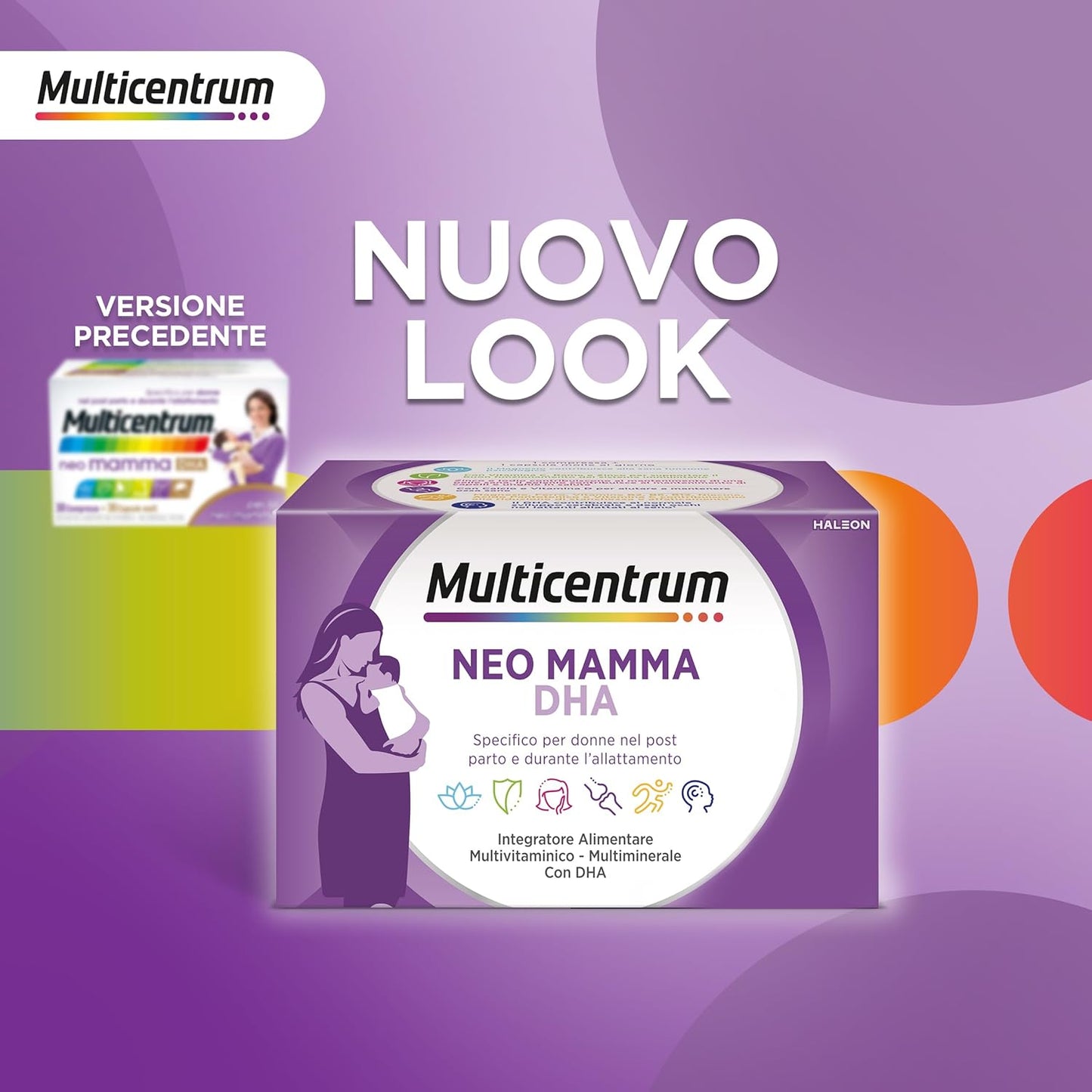 Multicentrum Neo Mamma DHA, Integratore Multivitaminico specifico per la donna dopo la gravidanza e durante l'allattamento, ricco di Acido Folico, Vitamina d, b12 e biotina, 30cpr +30 capsule molli