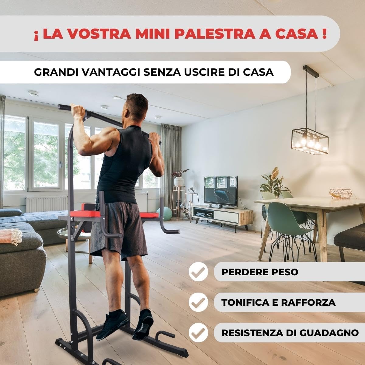 Mobiclinic® Fitness, Power Tower Dip Station, Fino a 200 kg, MultiFit, Altezza e Schienale Regolabili, Stazione di Trazione Muscolare, Torre Multifunzionale, Robusta, Palestra Domestica, Pull-up