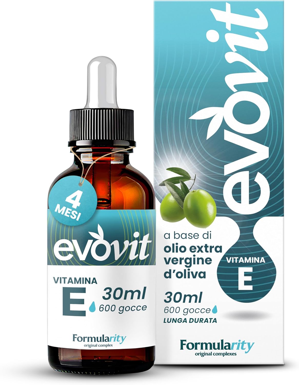 EVOVIT VITAMINA E - 4 Mesi di Fornitura-In Olio Extravergine d'Oliva Italiano-Integratore Naturale Tocoferolo 60mg/90UI Massimo Assorbimento Antiossidante, Anti-aging per Pelle, Capelli -Made in Italy