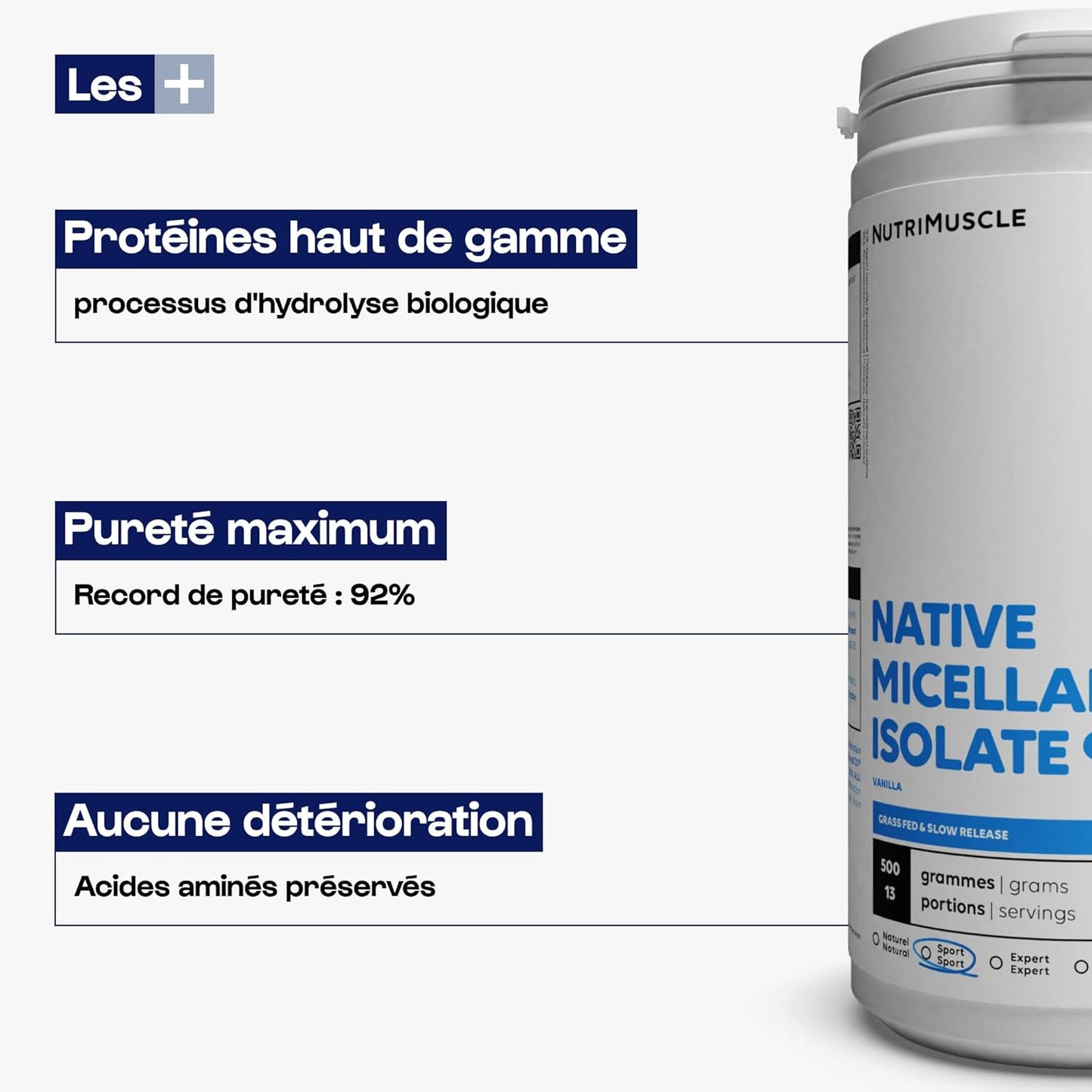 Nutrimuscle Caseina Micellare Isolata | Purezza record 92% - Costruzione muscolare - Soppressore dell'appetito - Assimilazione molto lenta - Non OGM - Costruzione muscolare e fitness (500 g)