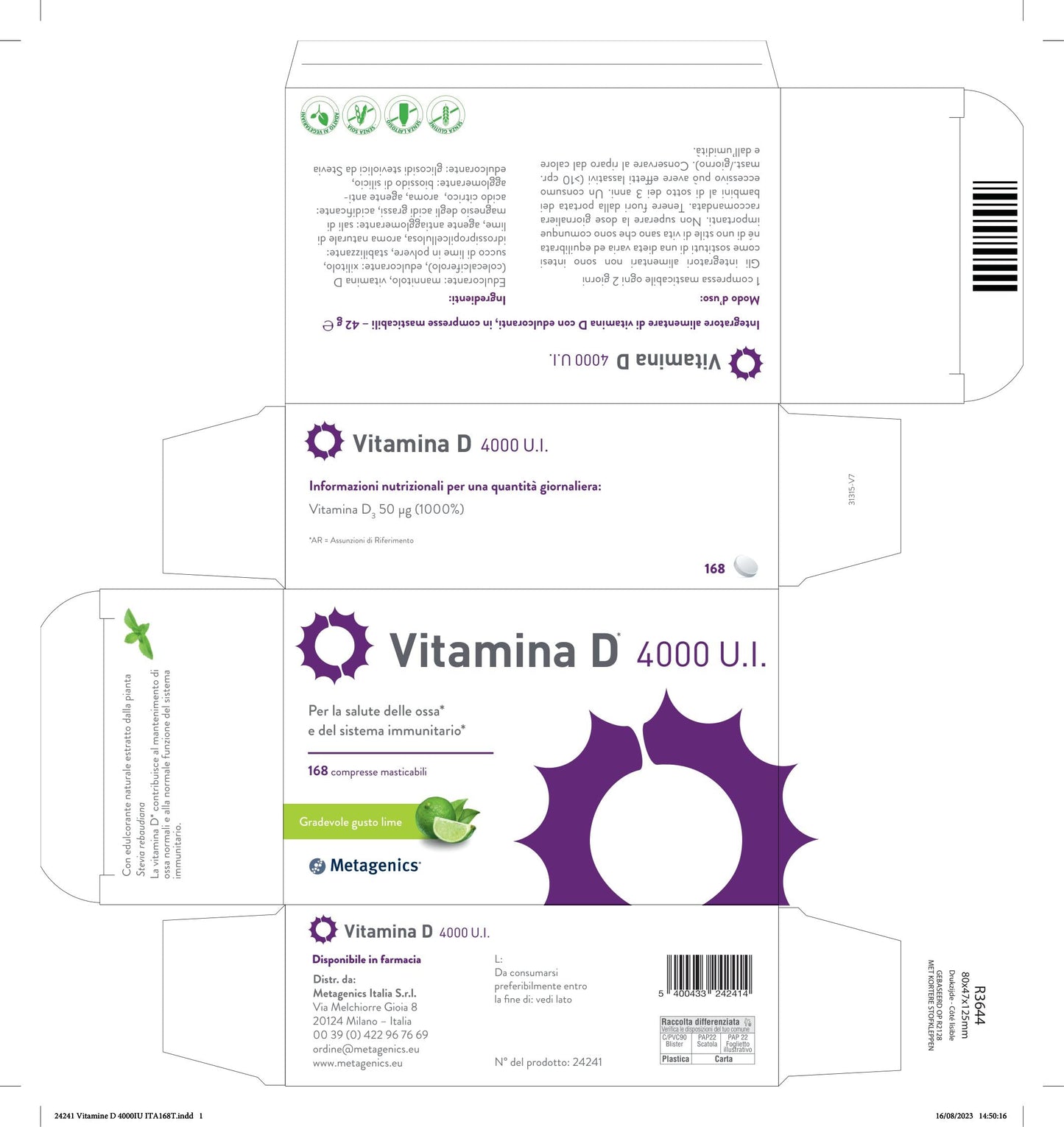 Metagenics Vitamina D 4000 U.I. - Integratore Alimentare Sistema Immunitario - Per la Salute delle Ossa - Gusto Lime - 168 Compresse Masticabili