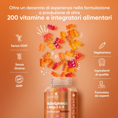 Multivitaminico Bambini Con Omega 3 6 9, 120 Caramelle Gommose (2 Mesi), Gusto di Lampone e Arancia, 12 Vitamine + Zinco e Inositolo, Vegetariano, Senza Gelatina, Orsetti Gommosi Senza Additivi Nocivi