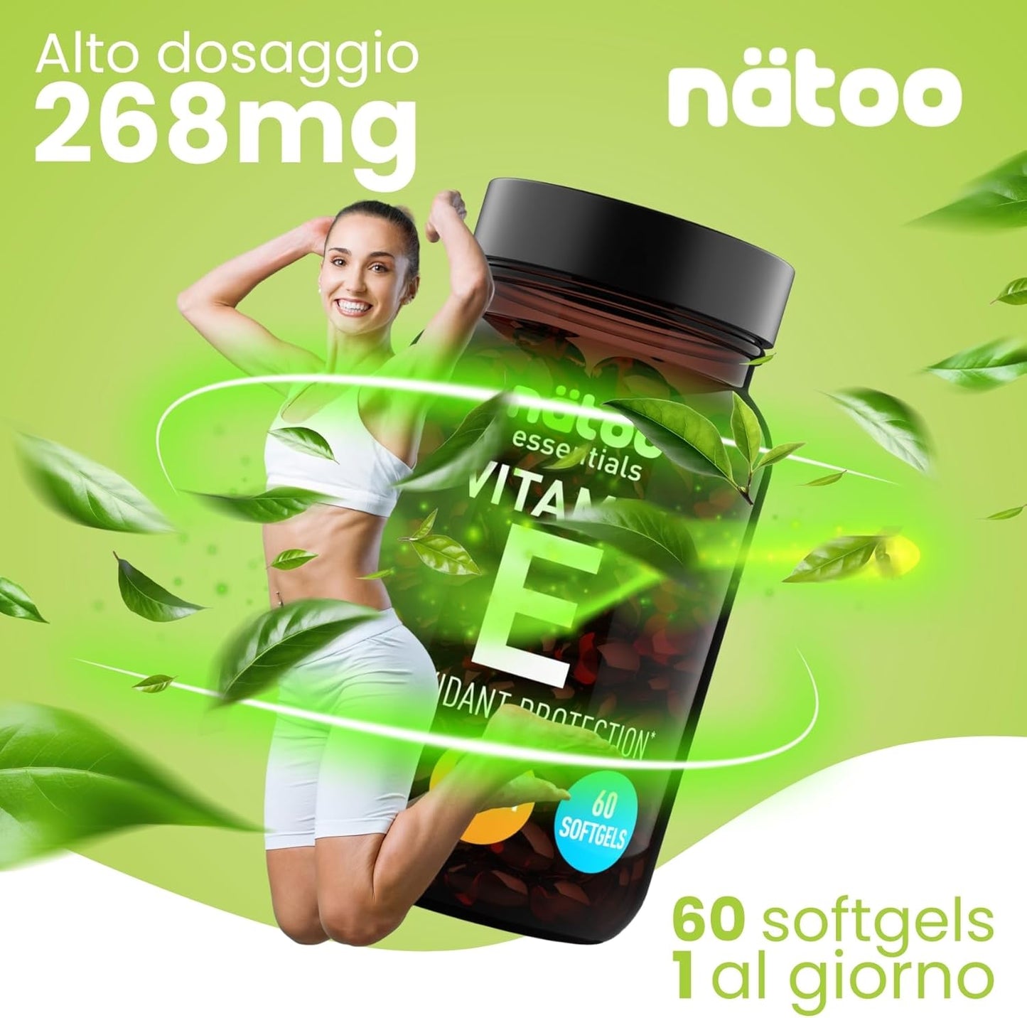 NÄTOO Vitamina E 268mg (400UI) Softgel 60 perle. Integratore naturale (D-Alfa-Tocoferolo) - Vitamina E Pura potente antiossidante - Alto dosaggio 2233% del VNR