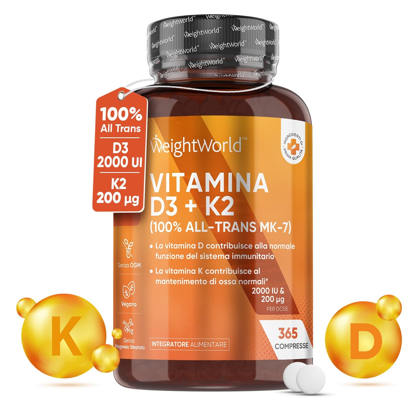 Vitamina D3 K2, Vitamina D 2000 UI + 200μg Vitamina K2 MK7, 365 Compresse Senza Magnesio Stearato, Vitamina D3 + Vitamina K2 100% All-Trans Biodisponibile, Sistema Immunitario, Ossa, Denti, Muscoli