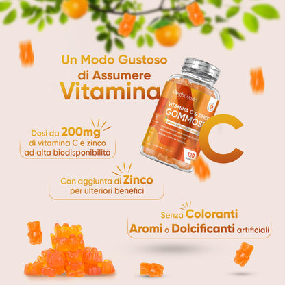 Vitamina C Masticabile con Zinco, 120 Vitamine Caramelle Gommose (2 Mesi), Zinco Integratore e Vitamina C come Acido Ascorbico, Orsetti Gommosi con Vitamina C Bambini e Adulti al Gusto Arancia Vegan