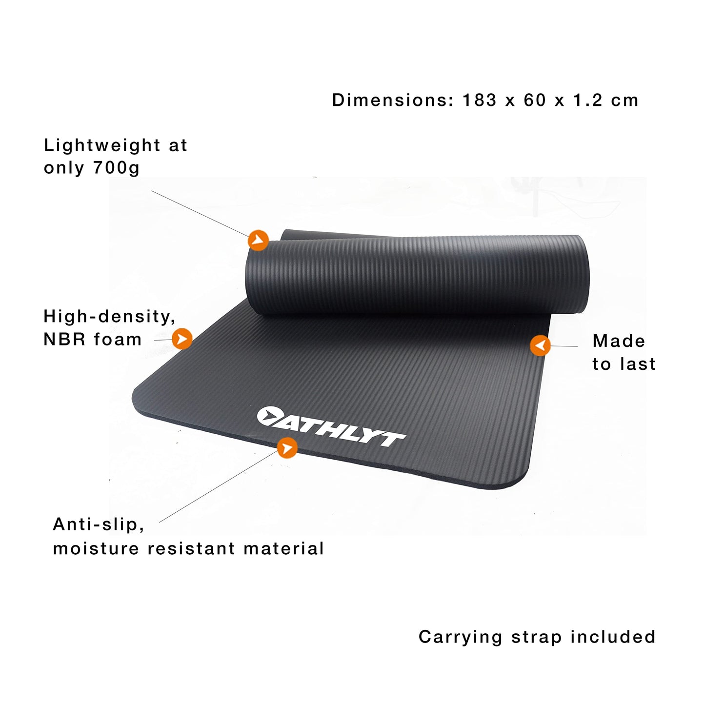 Athlyt - Fitness Mat, Black, 183 x 60 cm