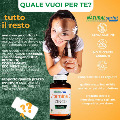 Vitamina C Pura Alto Dosaggio 1000mg + Zinco - 180 Compresse Per 6 Mesi-Vitamin C Dose Forte - Integratore Alimentare Made in Italy by NaturalSprint