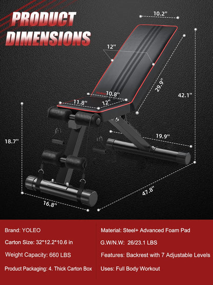 Yoleo panca regolabile per pesi – panca per allenamento completo del corpo, pieghevole piatto/inclinazione/declino FID panca per casa palestra