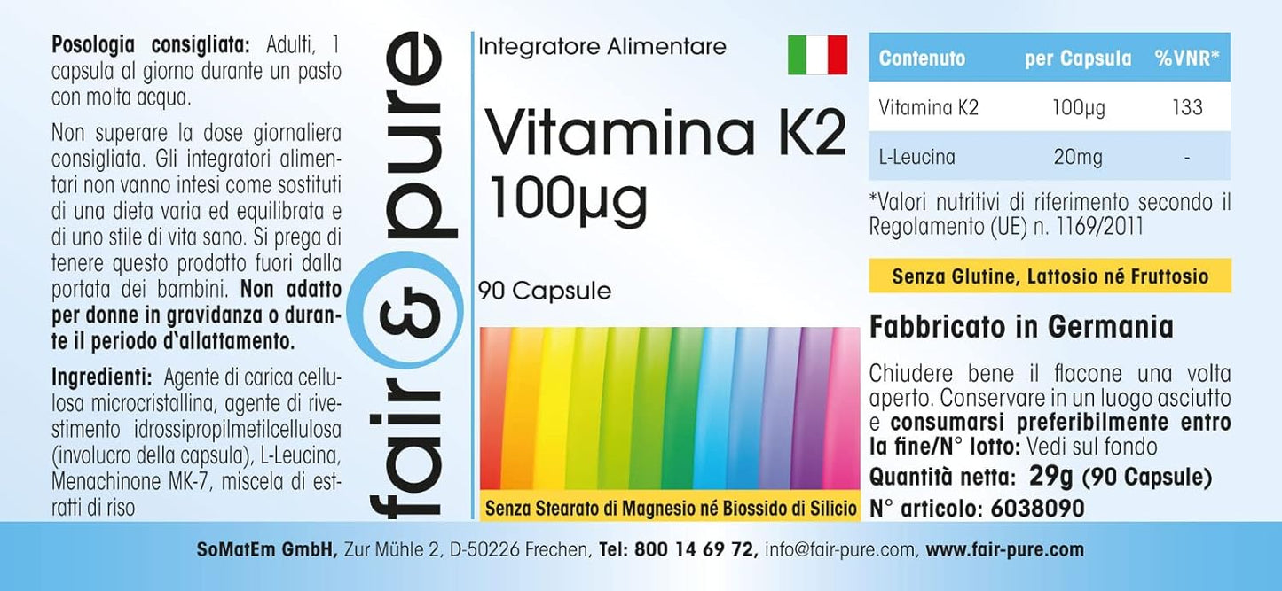 Fair & Pure® - Vitamina K2 100µg - Menaquinone MK7 Naturale - Da Natto - Vegan - 90 Capsule