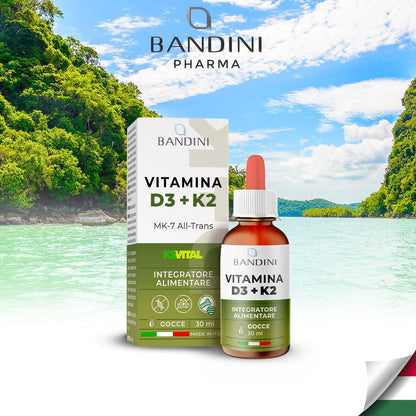 Bandini® Vitamina D3 K2 Gocce, in Olio Extra Vergine di Oliva EVO, Colecalciferolo 1000 UI per Goccia + Vit K2 MK-7 Menachinone Kappa 99,7% 100 mcg per Goccia, con pratico Contagocce