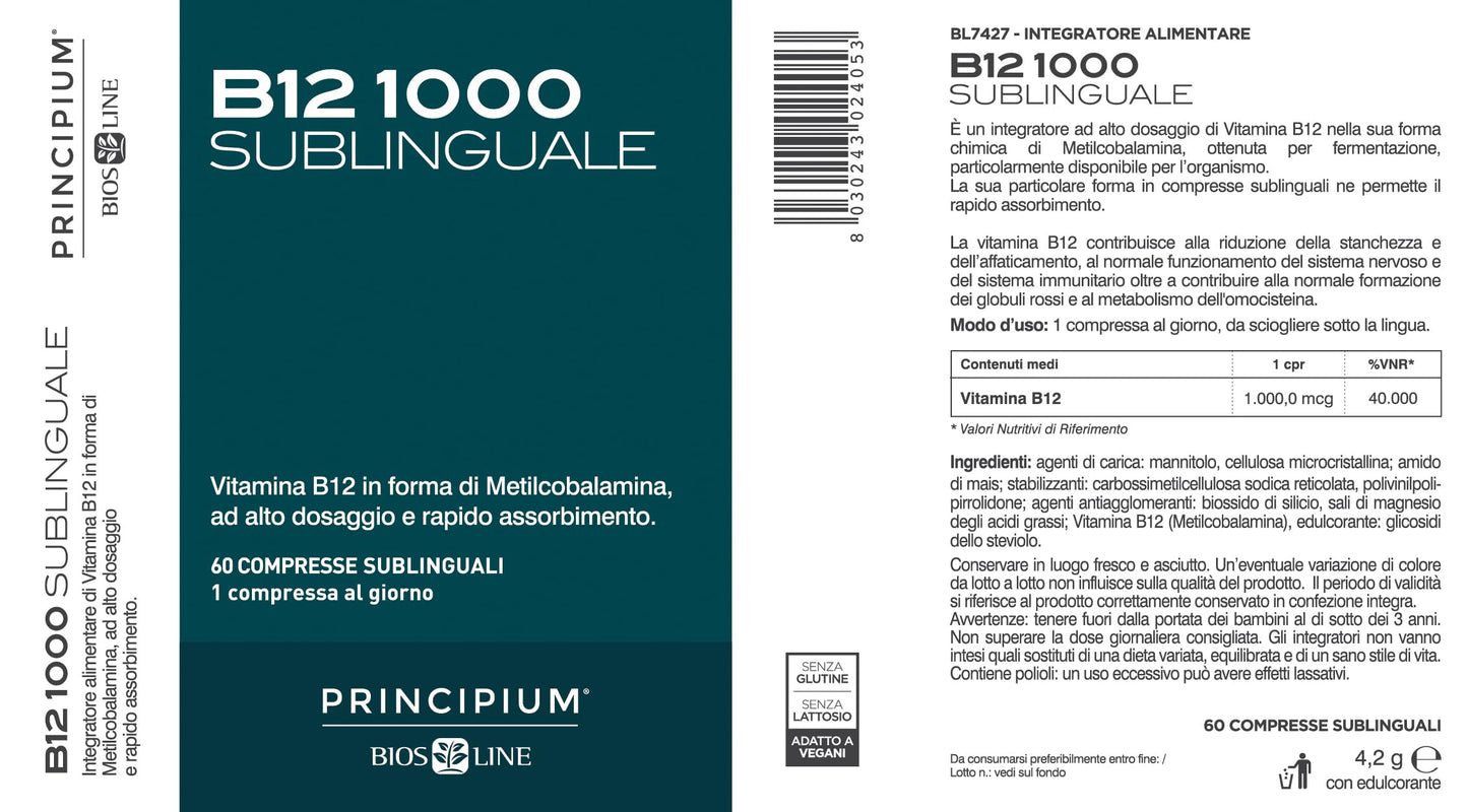 BIOS LINE Principium B12 1000 Sublinguale, Vitamina b12 in forma attiva contro stanchezza e affaticamento, Integratore sistema immunitario, Integratore vitamina b12 vegano, 60 compresse