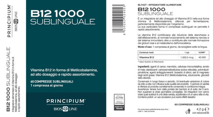 BIOS LINE Principium B12 1000 Sublinguale, Vitamina b12 in forma attiva contro stanchezza e affaticamento, Integratore sistema immunitario, Integratore vitamina b12 vegano, 60 compresse