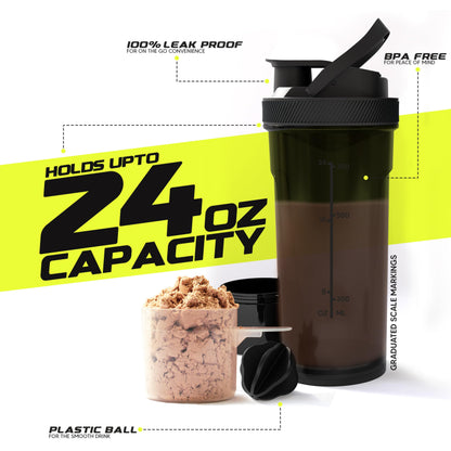 KICHLY 2 Pacco Bottiglia Shaker per Proteine Classico con Shaker Ball (700 ml) e Contenitore per Conservare Gli Integratori – Perfetto Compagno di Palestra (Nero)