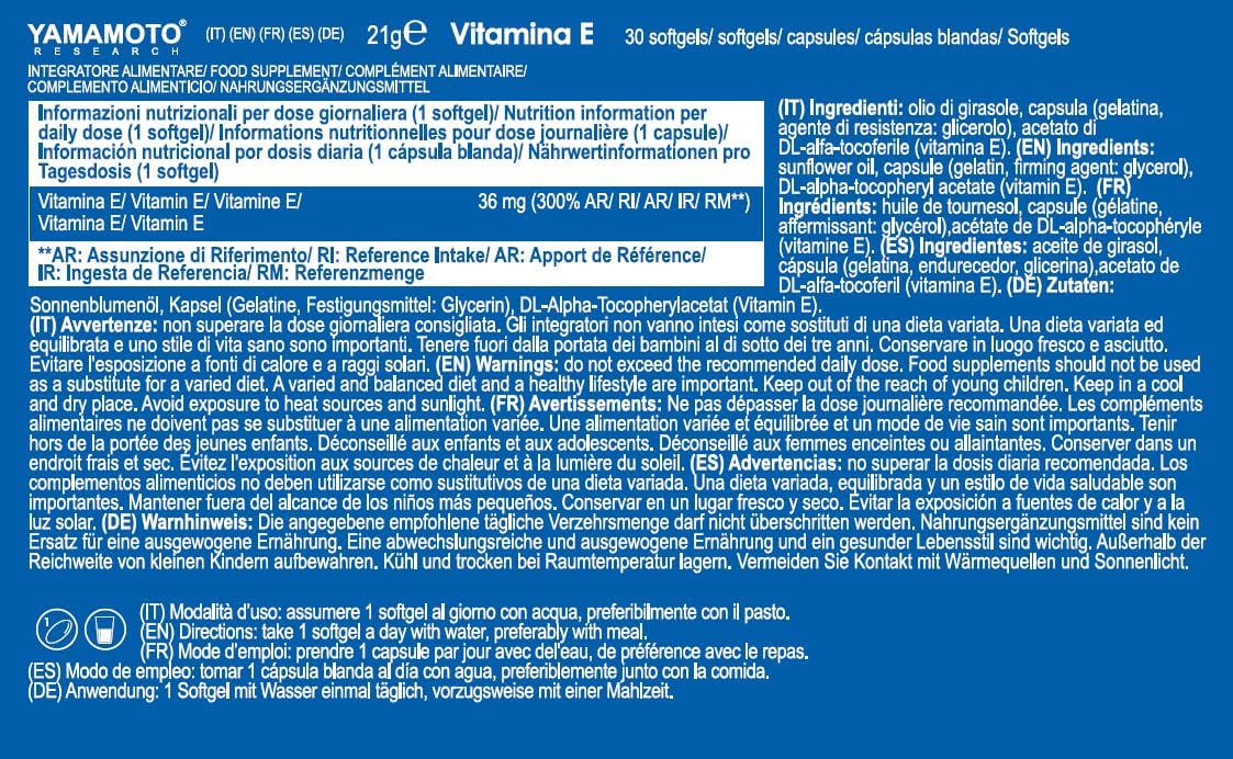 YAMAMOTO RESEARCH Vitamina E 36mg 30 Softgels, Integratore Alimentare di Vitamina E, Azione Antiossidante e Antinfiammatoria, Sostiene il Sistema Immunitario e la Vista