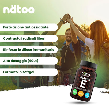 NÄTOO Vitamina E 60mg (90UI) Softgel 90 perle. Integratore naturale (D-Alfa-Tocoferolo) - Vitamina E Pura potente antiossidante - Alto dosaggio 500% del VNR