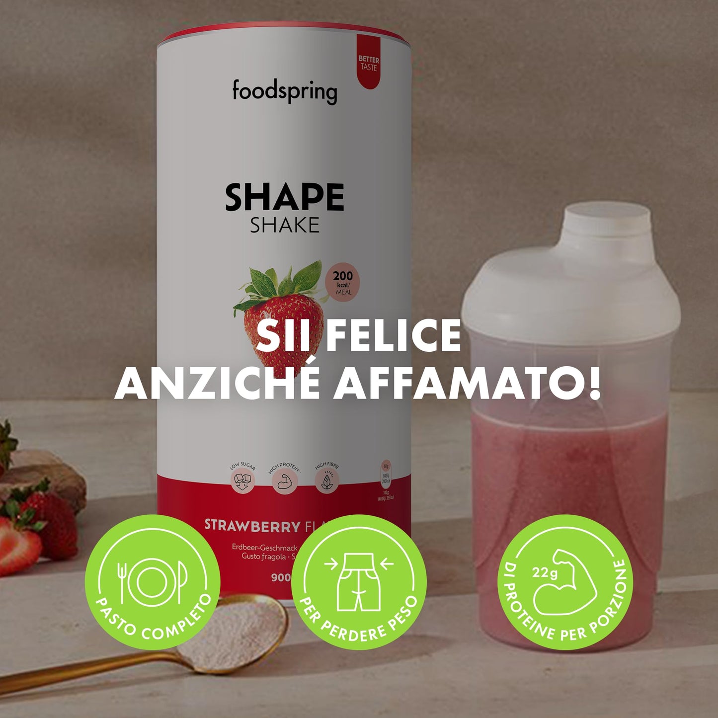 foodspring Shape Shake Bustine Monoporzione, 10 x 60 g, Sostituto pasto per il controllo del peso*, Ricco di proteine, Vitamine e minerali