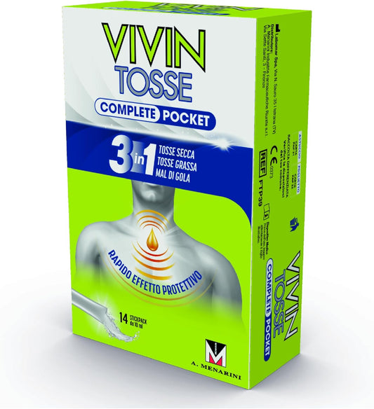 Vivin Tosse Complete Pocket 14 bustine. Sciroppo per mal di gola, tosse secca e grassa a base di estratti vegetali. Protegge e promuove l'idratazione della mucosa faringea. Senza Glutine.