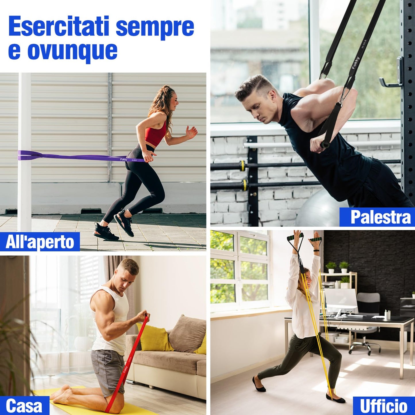 Fokky Elastici Fitness di 4 Livelli di Resistenza, Elastico Fitness con Ancoraggio Porta, Maniglie e Cover Protettiva, Elastici Palestra per Allenamento Stretching Powerlifting Resistenza