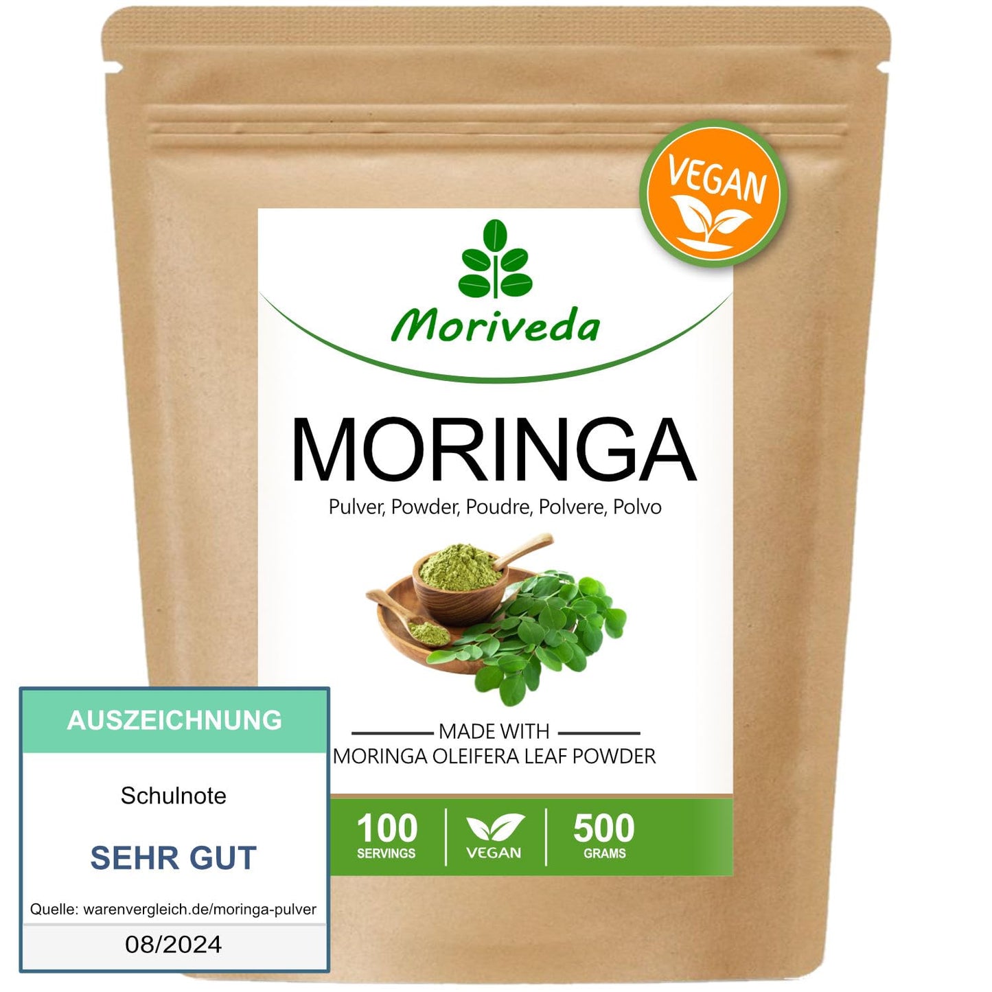 Moringa in polvere 250g - Vegan e senza glutine - La polvere di foglie di oleifera contiene vitamine, proteine, aminoacidi, micronutrienti con la massima biodisponibilità - da MoriVeda - 1 x 250g