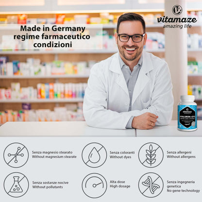 Acido Ialuronico ad Alto Dosaggio Puro + Coenzima Q10, Capsule Vegan per un Trattamento di 2 Mesi, Micromolecule 500-700 kDa, Qualità Tedesca, Integratore Alimentare senza Additivi