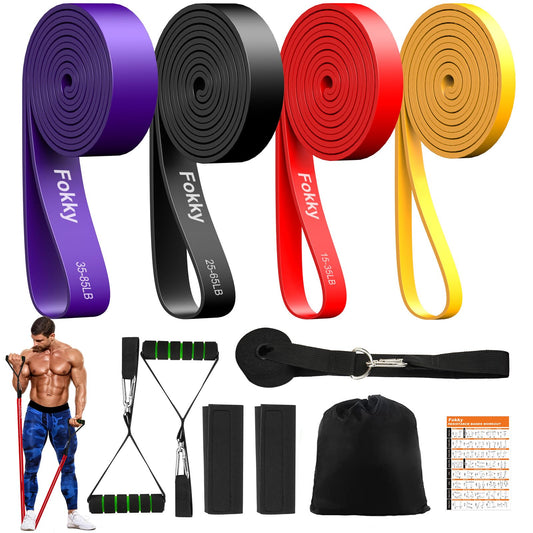 Fokky Elastici Fitness di 4 Livelli di Resistenza, Elastico Fitness con Ancoraggio Porta, Maniglie e Cover Protettiva, Elastici Palestra per Allenamento Stretching Powerlifting Resistenza