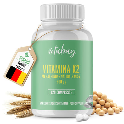 Vitabay Vitamina K2 365 compresse di Vitamina K2 200 mcg vegana con Menachinone MK7 naturale All-Trans ad alto dosaggio - Assumere 1 compressa di Vitamina K2 MK7 al giorno con acqua - Vit K2 K2 MK7