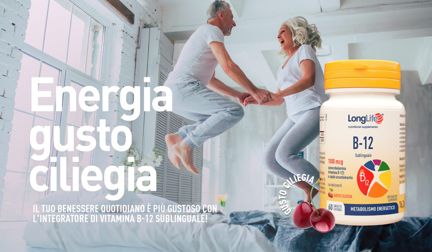 LongLife® B12 1000 mcg | Vitamina B12 | Formula esclusiva sublinguale ad alto dosaggio | Elevato assorbimento | 2 mesi di trattamento | 60 tavolette | Senza glutine