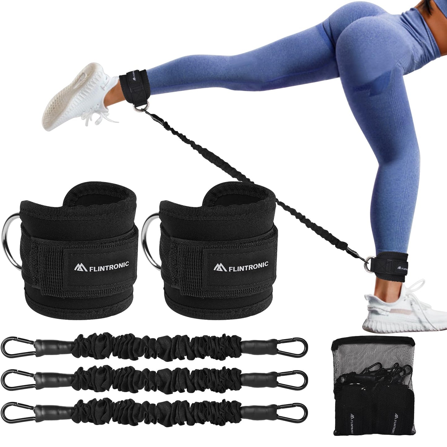 Flintronic Set di Fasce di Resistenza con Cinghie per Caviglia, Elastici Fitness Set, 3 Resistance Band, Bande Elastici Fitness, Attrezzatura per Allenamento Glutei per Fitness a Casa Yoga Pilates