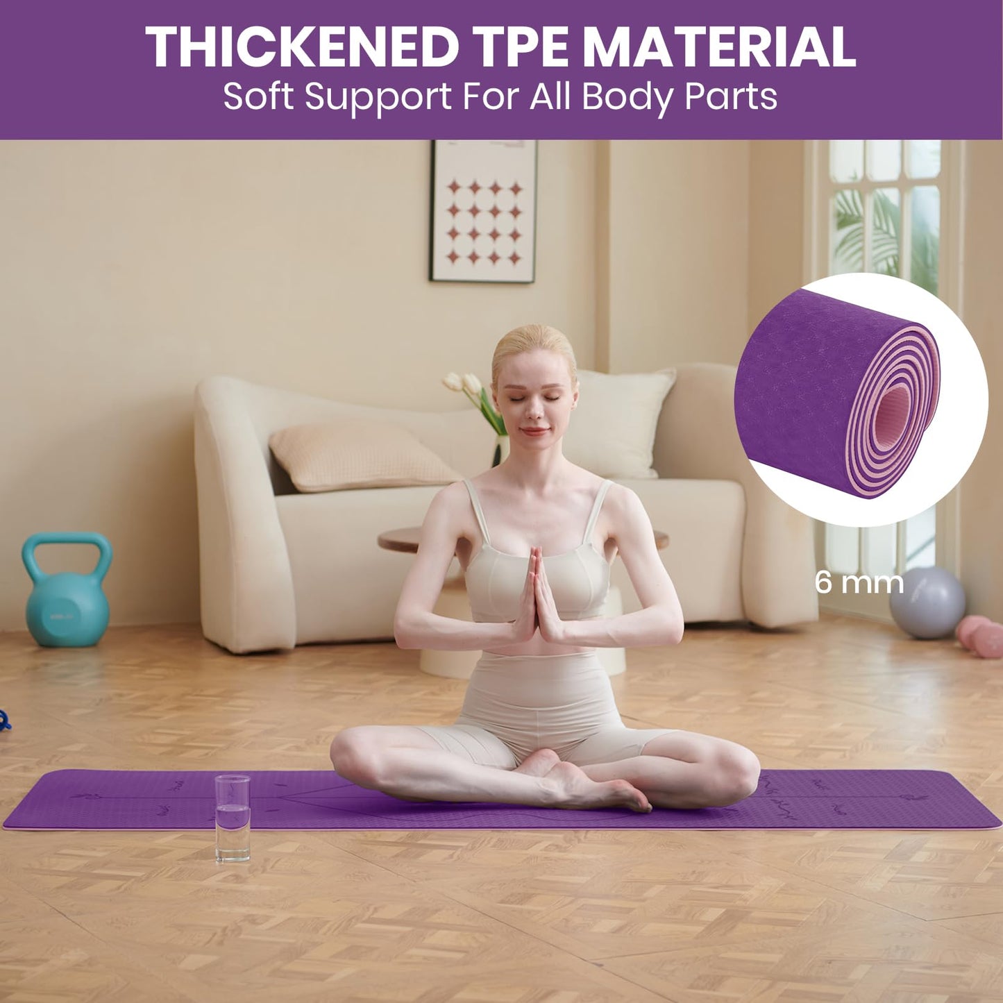 Good Nite Tappetino da yoga da 6 mm, in TPE, antiscivolo, per fitness, pilates, allenamento, yoga, pilates, allenamento, 183 x 61 x 0,6 cm