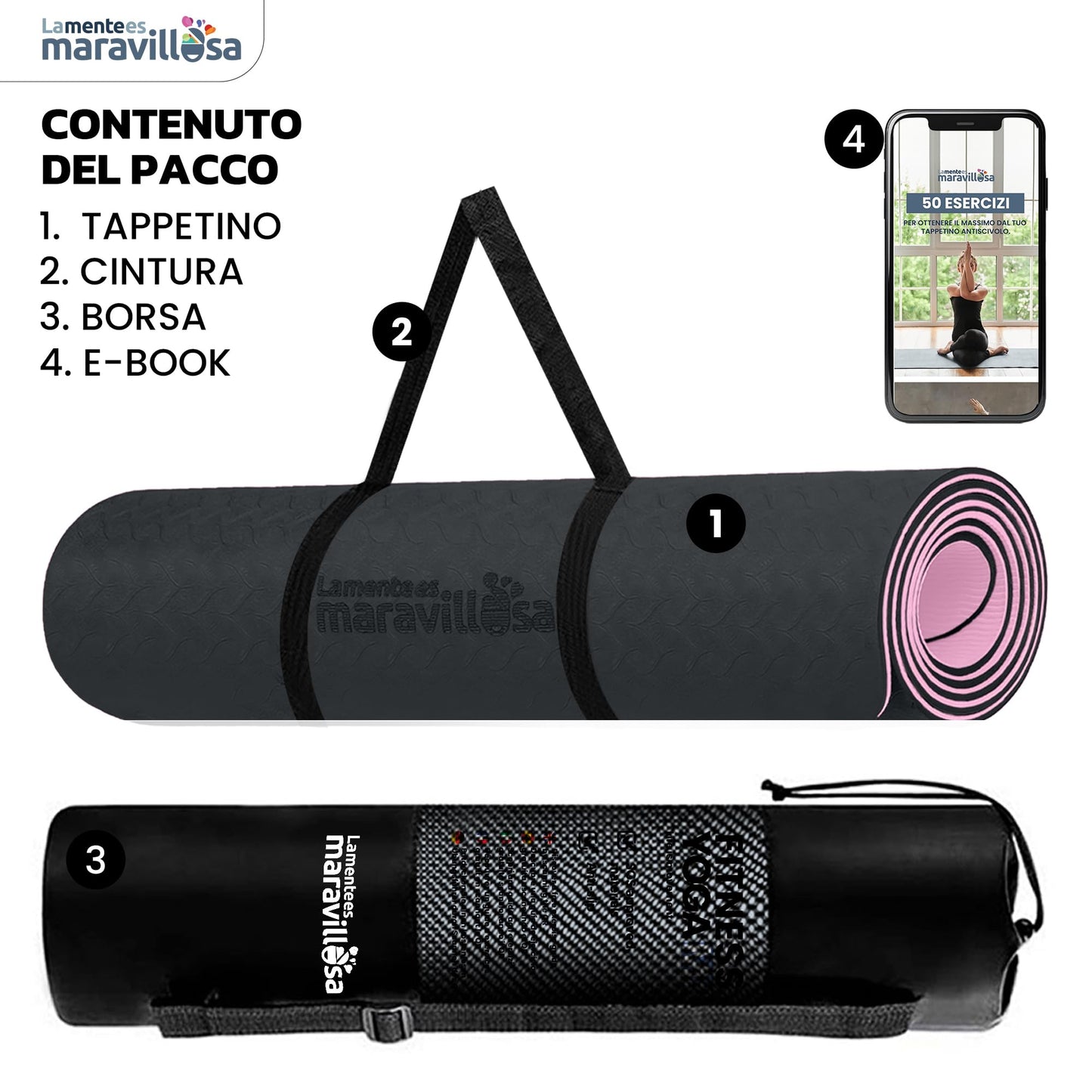 LA MENTE ES MARAVILLOSA - Tappetino per Yoga, Pilates, Fitness o Altri Sport, Tappetino Antiscivolo in TPE con Borsa a Tracolla, Tappetino da Allenamento 183 x 61 cm