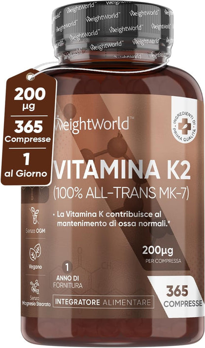 Vitamina K2 MK7 200µg ad Alto Dosaggio, Vegano, 100% All-Trans MK-7, 365 Microcompresse, 1 al Giorno, 1 Anno, Vitamina K Senza Magnesio Stearato, Ossa Normali e Coagulazione, K2 Vitamina, Menachinone