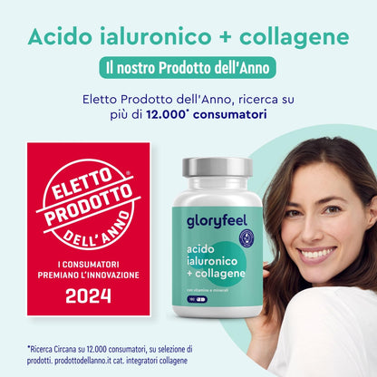 Collagene e Acido Ialuronico Integratore 180 Capsule, + Vitamina C, Biotina, Zinco e Selenio, 1000mg Collagene Idrolizzato + 200mg Acido Ialuronico con Bambù & Silicio