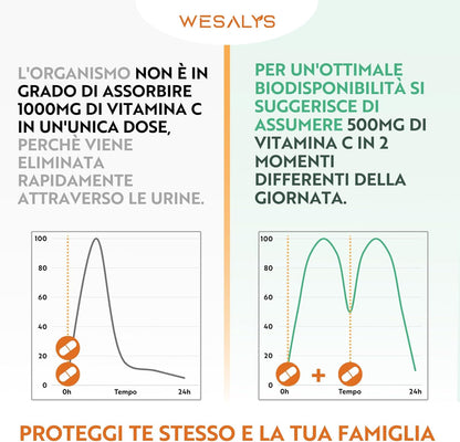 Vitamina C D Zinco, Masticabile gusto Arancia, per Bambini ed Adulti, Vitamina C 1000mg, Vitamina D3 2000 UI e Zinco 5mg in 2 cpr, WE Salus