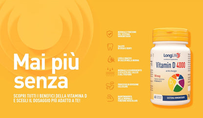 LongLife® Vitamin D 4000 | Alto dosaggio vitamina D3 naturale | 4 mesi di trattamento | Difese immunitarie, salute di ossa e denti | Metabolismo del calcio | Senza glutine e vegetariano