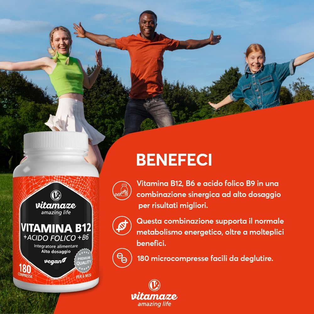 Vitamina B12 1000 mcg + 375 mcg Acido Folico + Vitamina B6 ad alto Dosaggio (6 mesi di trattamento) 180 Compresse Vegan, Qualità Tedesca. Vitamaze®