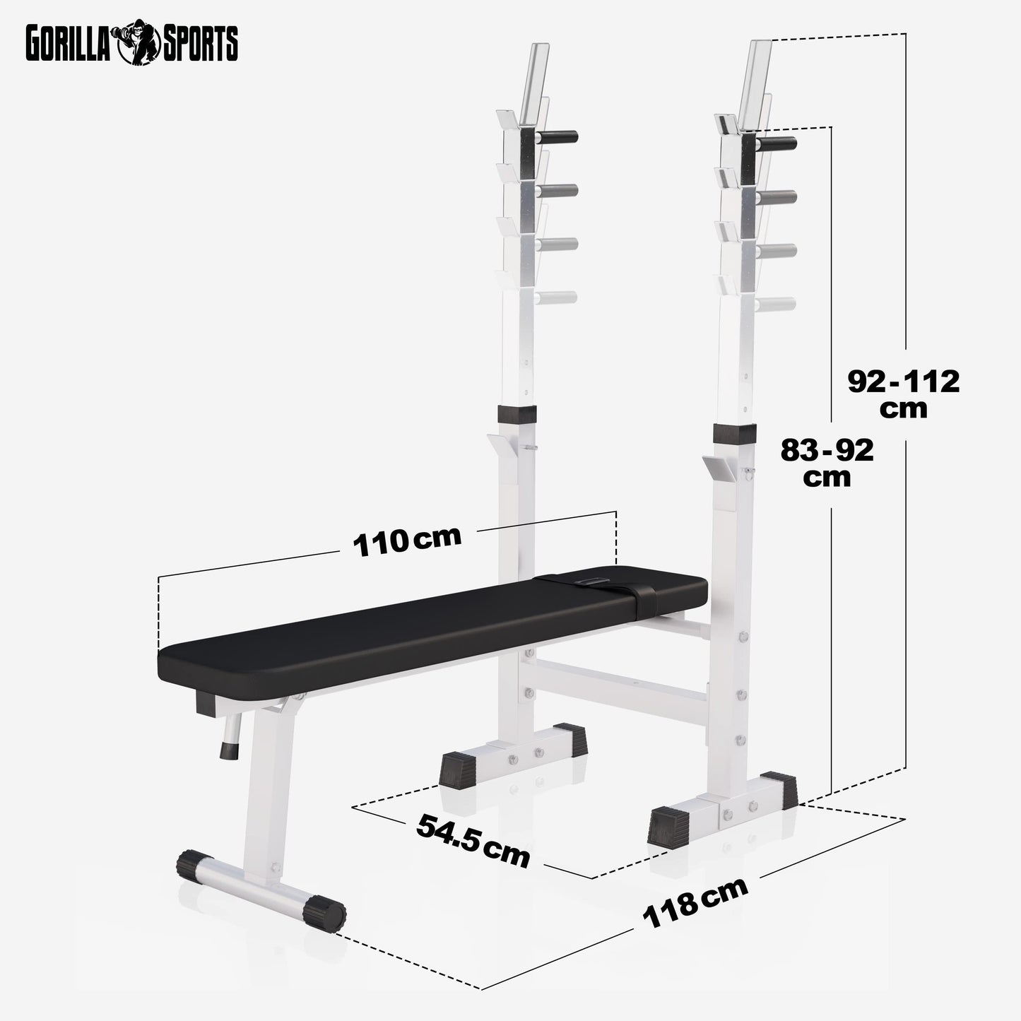 GORILLA SPORTS® Panca Pesi - con Porta Bilanciere, Regolabile e Pieghevole, Carico Max. 200kg, in Altezza, Nera/Bianca - Panca Piatta, Palestra, per Sollevamento, Multifunzione, Allenamento, Fitness