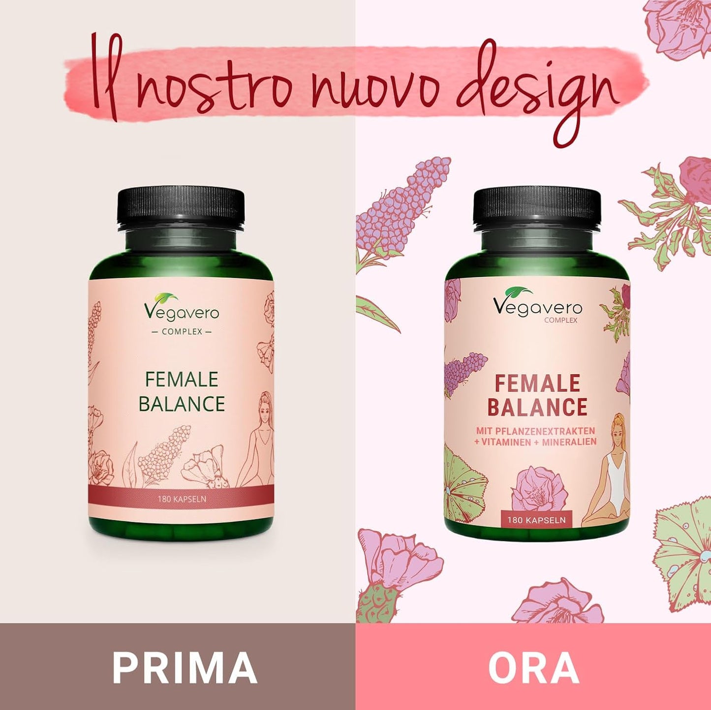 FEMALE BALANCE | 180 capsule | per Squilibrio Ormonale con Agnocasto, Maca, Magnesio, Acido Folico, Vitamine e Minerali | Amenorrea e PMS | Vegan e Senza Additivi | Vegavero®