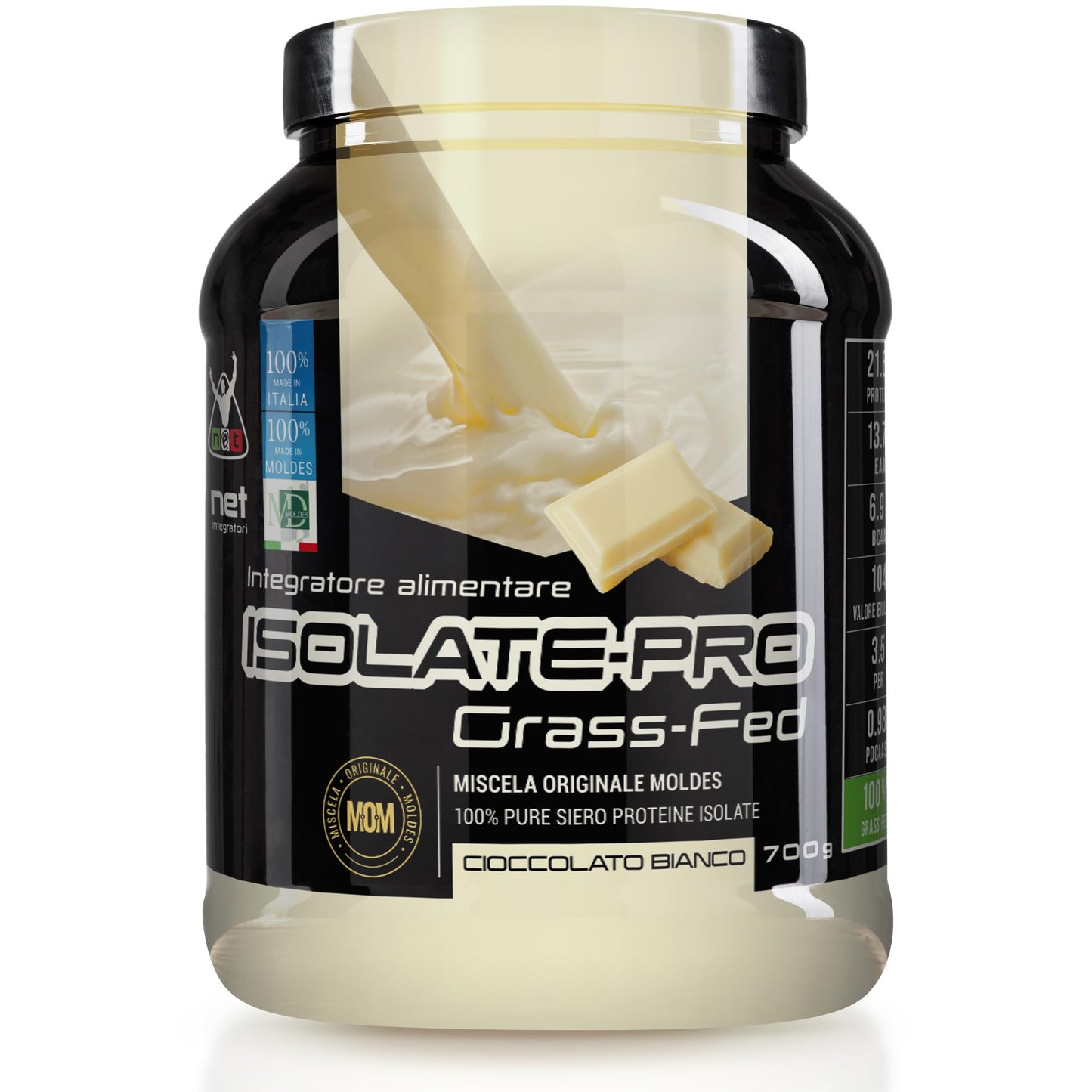 NET Integratori ISOLATE PRO Grass Fed - 700g Cioccolato - Proteine Isolate Con EAA Aminoacidi Essenziali e BCAA - Massimizza La Sintesi Proteica e La Crescita Muscolare