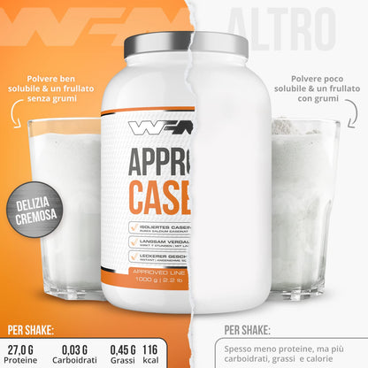 WFN Approved Casein - Neutro - 1 kg - Proteine della caseina con lattasi - Proteina in polvere cremosa - Molto solubile - Prodotto in Germania - Testato in laboratorio esterno