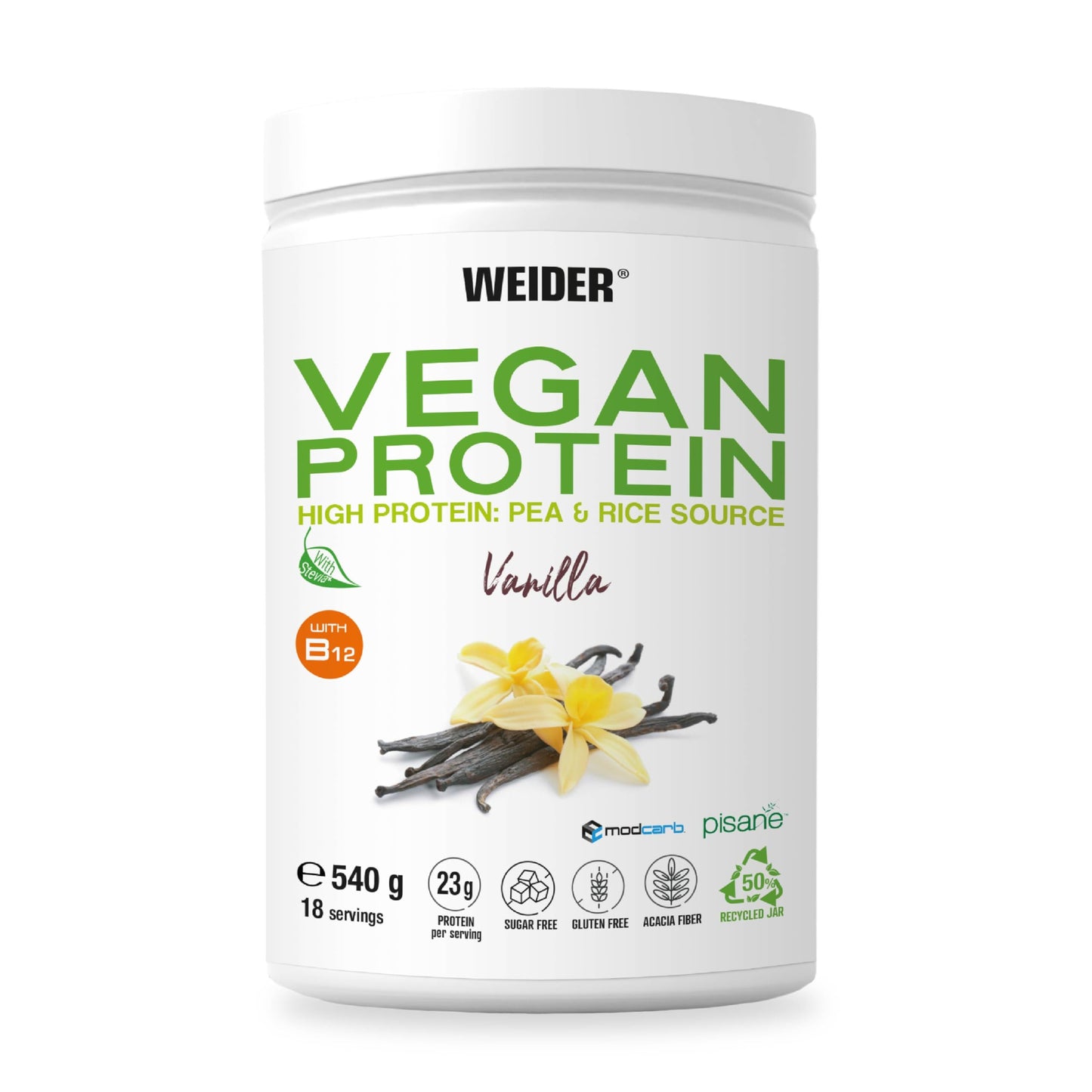 Weider Vegan Protein (750g) Gusto Cappuccino. Proteine Vegane 23g/dose isolate di piselli e riso, Con Vitamina B12 e Stevia, Senza Glutine, Senza Zucchero, Contenitore 50% Riciclato, 100% Riciclabile