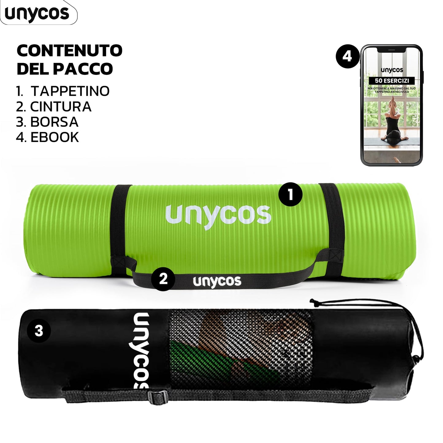 unycos - Tappetino Antiscivolo da Yoga, Pilates e Ginnastica Extra Spesso 10/15 mm, 183x60 cm, Materassino Fitness con Schiuma NBR Confortevole, Tracolla, Borsa ed E-Book di 50 Esercizi