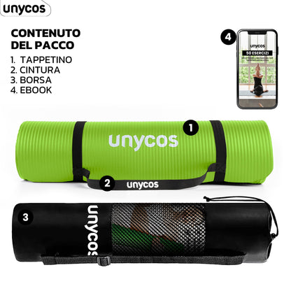 unycos - Tappetino Antiscivolo da Yoga, Pilates e Ginnastica Extra Spesso 10/15 mm, 183x60 cm, Materassino Fitness con Schiuma NBR Confortevole, Tracolla, Borsa ed E-Book di 50 Esercizi