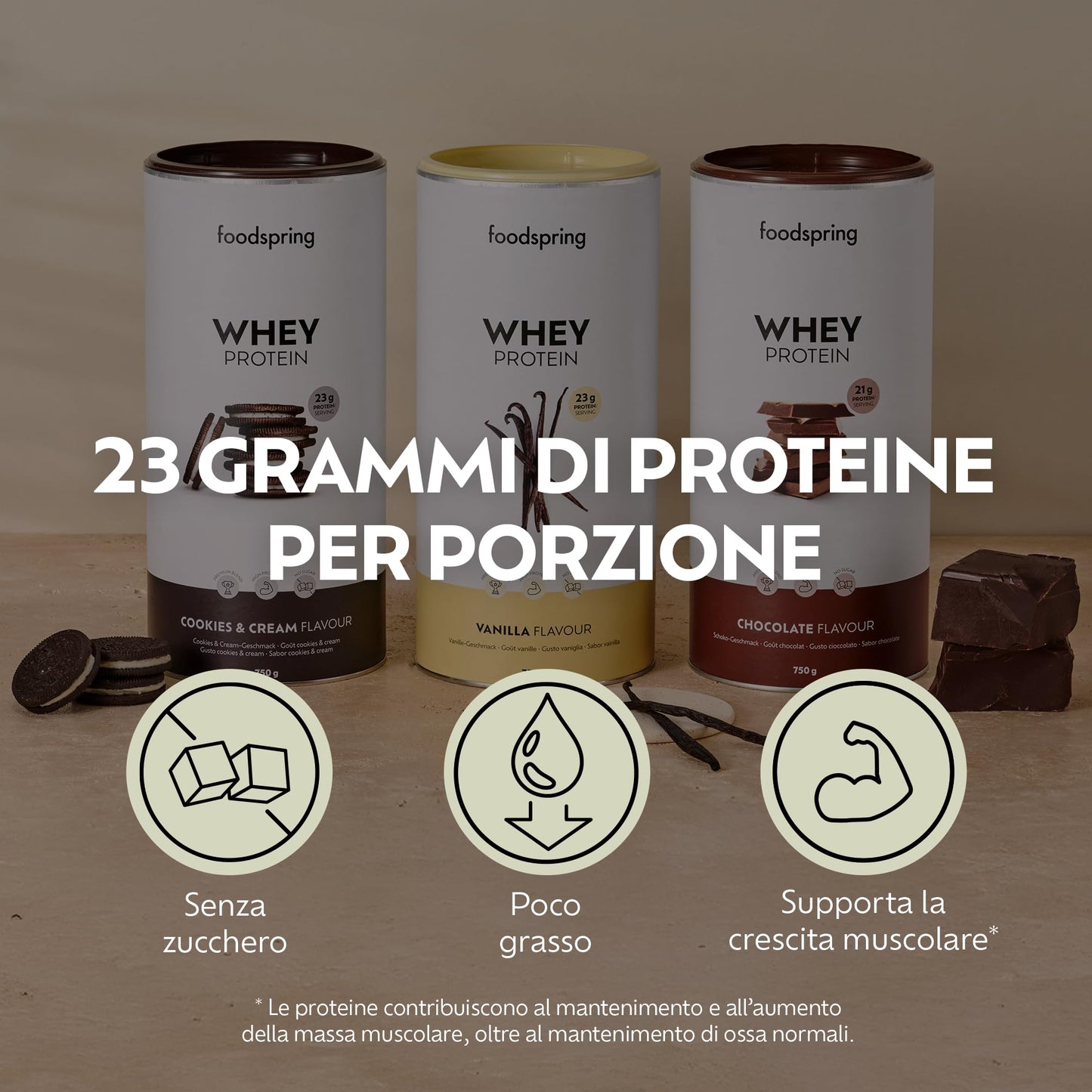 foodspring - Proteine Whey in polvere Cioccolato - Con 21 g di proteine per l'aumento muscolare, perfetta solubilità, ultra-filtrate & ricche di BCAA ed EAA - gusto pieno e delizioso (750 g)