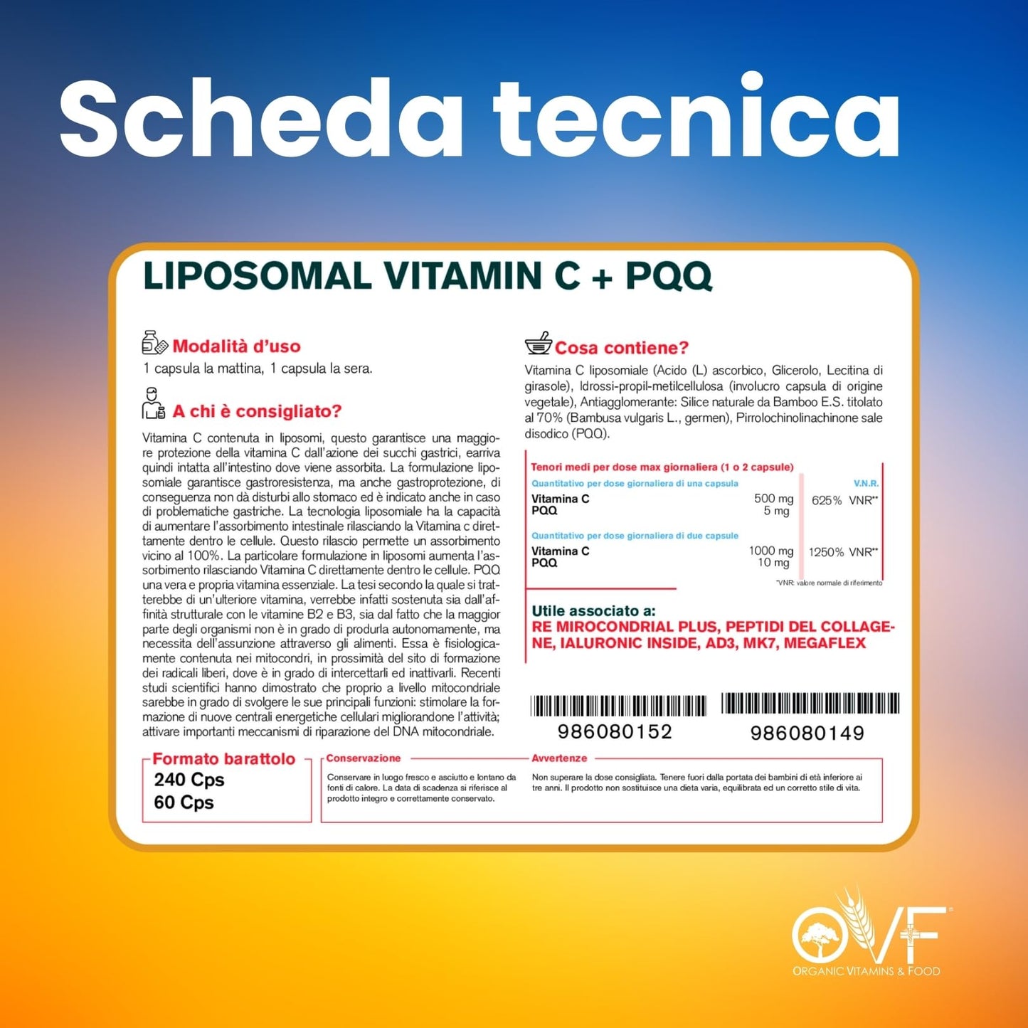 OVF Vitamina C Liposomiale 1000mg Vegana | La migliore formula di Vitamina C 1000mg naturale con l'aggiunta di 10mg PQQ per massimizzare l'assorbimento | 60 capsule Made in Italy