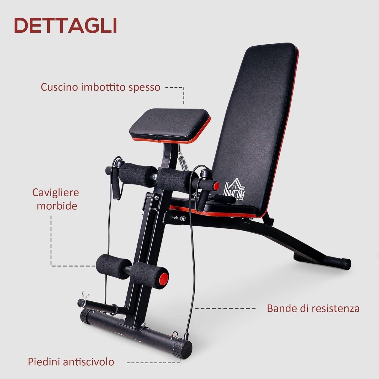 HOMCOM Panca Multifunzione Regolabile per Addominali, Panca Pesi Palestra per Allenamento Braccia e Gambe 54x160x106cm, Nero e Rosso