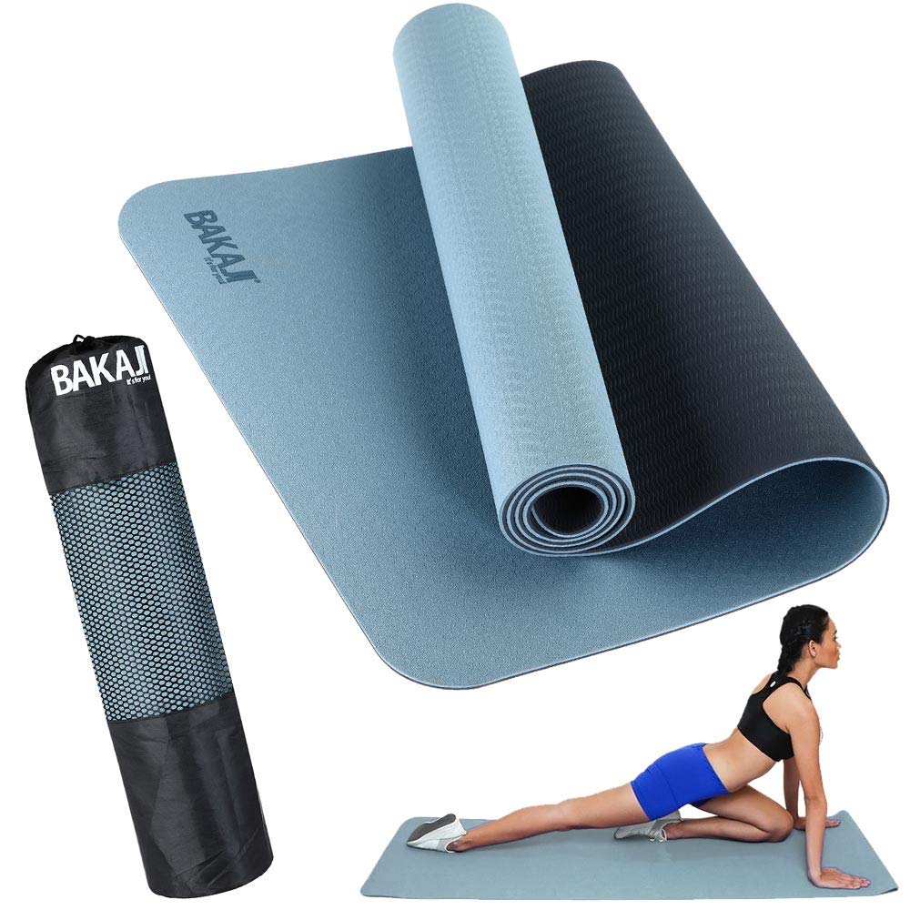 BAKAJI Tappetino Yoga in TPE Ecologioco Doppio Strato Antiscivolo Alta Densità Materassino Tappeto Allenamento Fitness Aerobica Palestra Ginnastica Dimensione 180 x 61 cm con Custodia