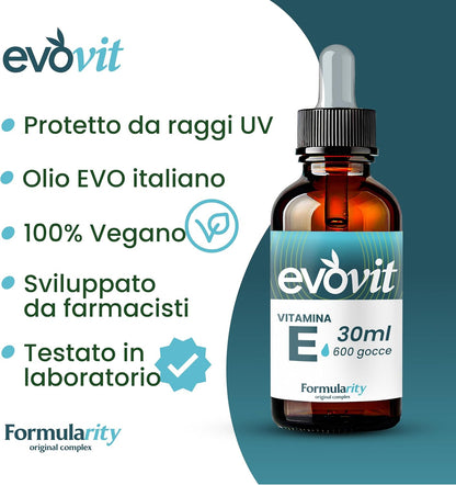 EVOVIT VITAMINA E - 4 Mesi di Fornitura-In Olio Extravergine d'Oliva Italiano-Integratore Naturale Tocoferolo 60mg/90UI Massimo Assorbimento Antiossidante, Anti-aging per Pelle, Capelli -Made in Italy