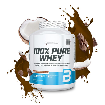 BioTechUSA 100% Pure Whey Complesso proteico del siero di latte con bromelina, aminoacidi, senza zuccheri aggiunti, senza olio di palma e con edulcorante, 1 kg, Cioccolato