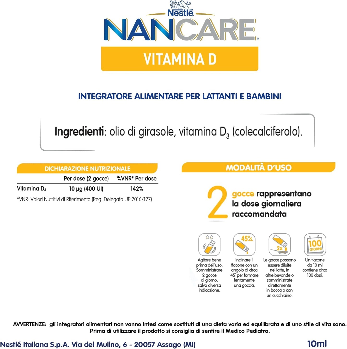 NESTLÉ NANCARE VITAMINA D Integratore Alimentare pediatrico per Lattanti e Bambini dalla nascita, Flacone 100ml